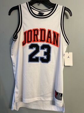 Jordan White Mesh Basketball Jersey with Red and Black Accents